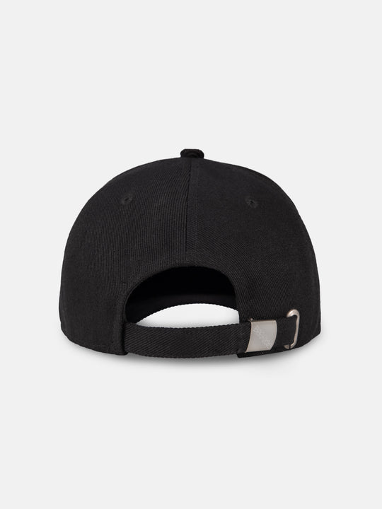 5-panel black hat flatlay, from back