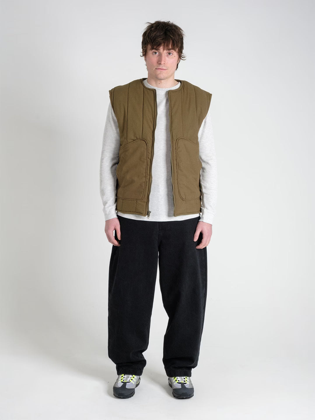military gilet pine green on body shot front