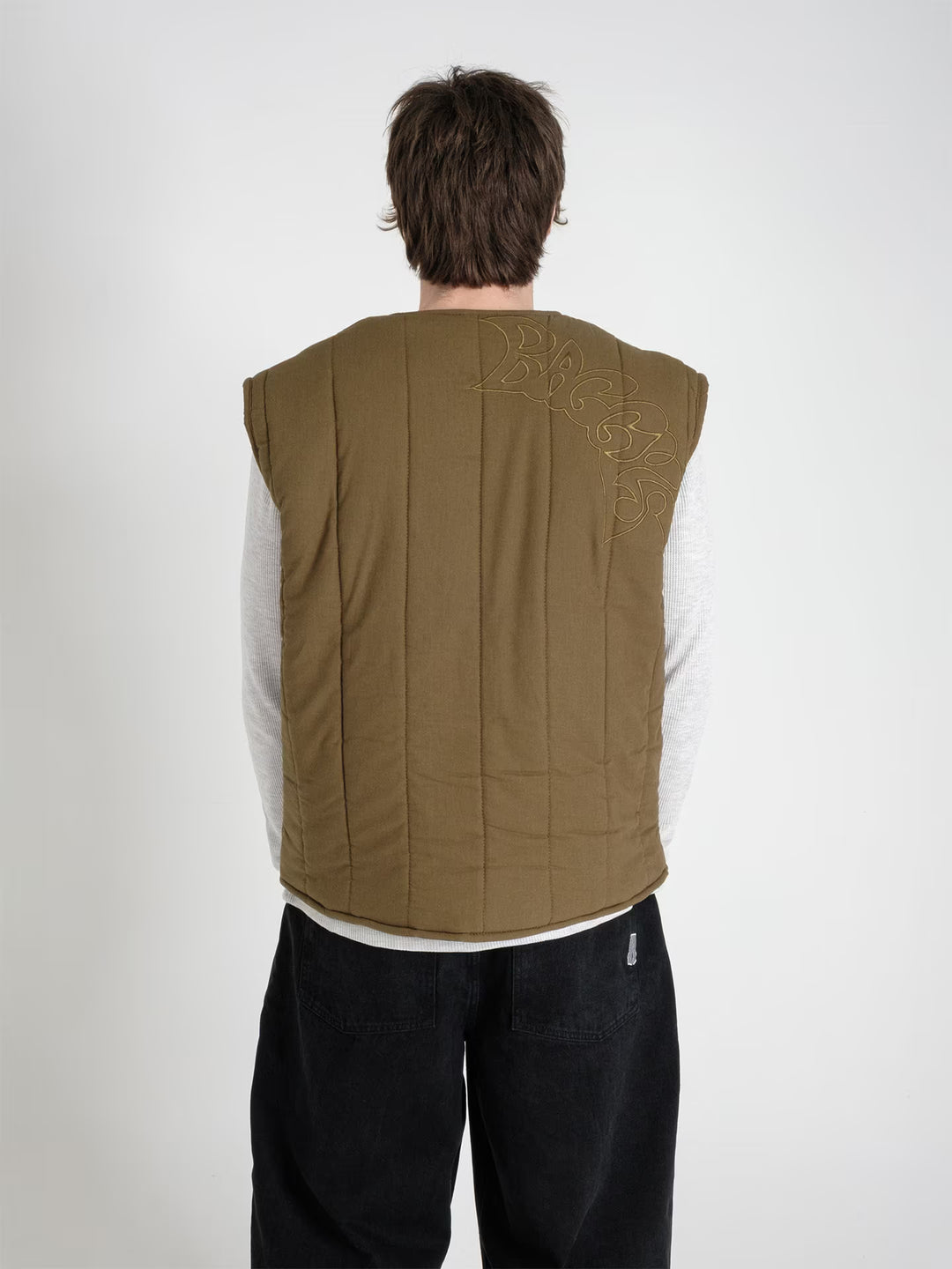 military gilet pine green on body shot rear close