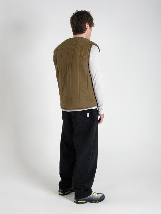 military gilet pine green on body shot side