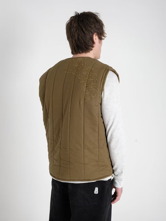 military gilet pine green on body shot  side close