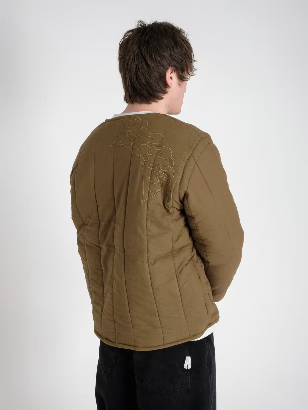 military jacket pine green on body shot rear close