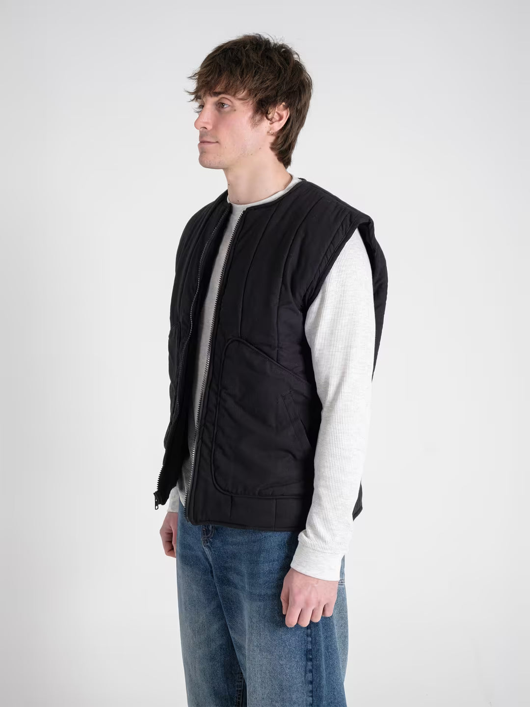 military gilet carbon black on body shot side close