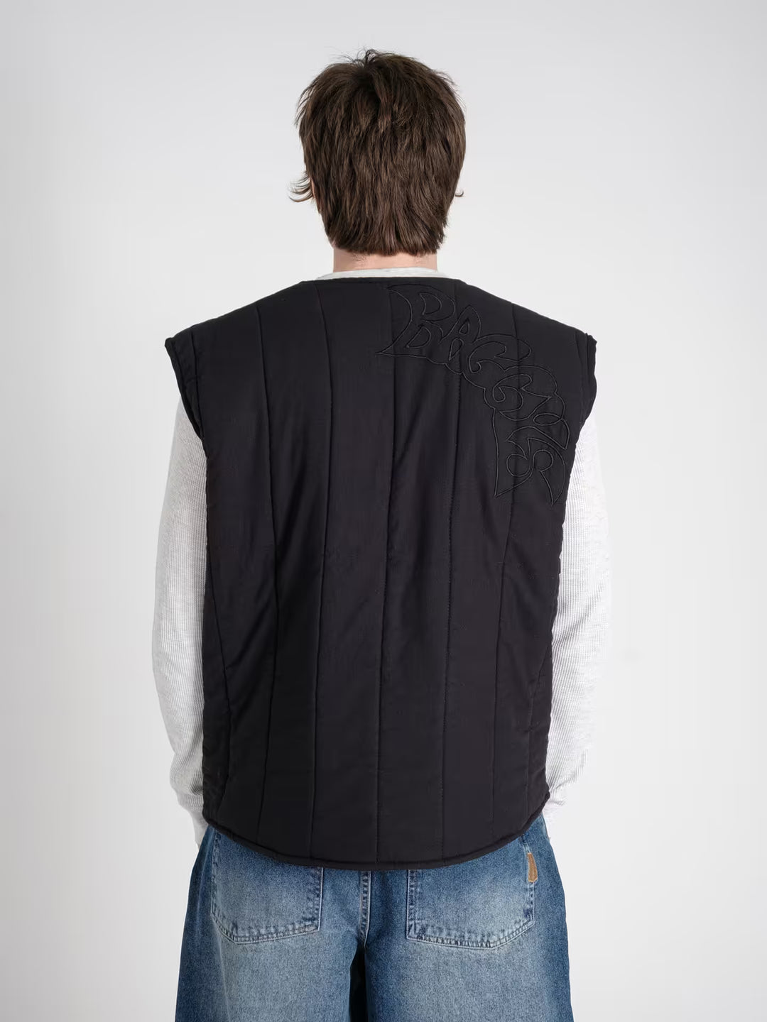 military gilet carbon black on body shot rear close