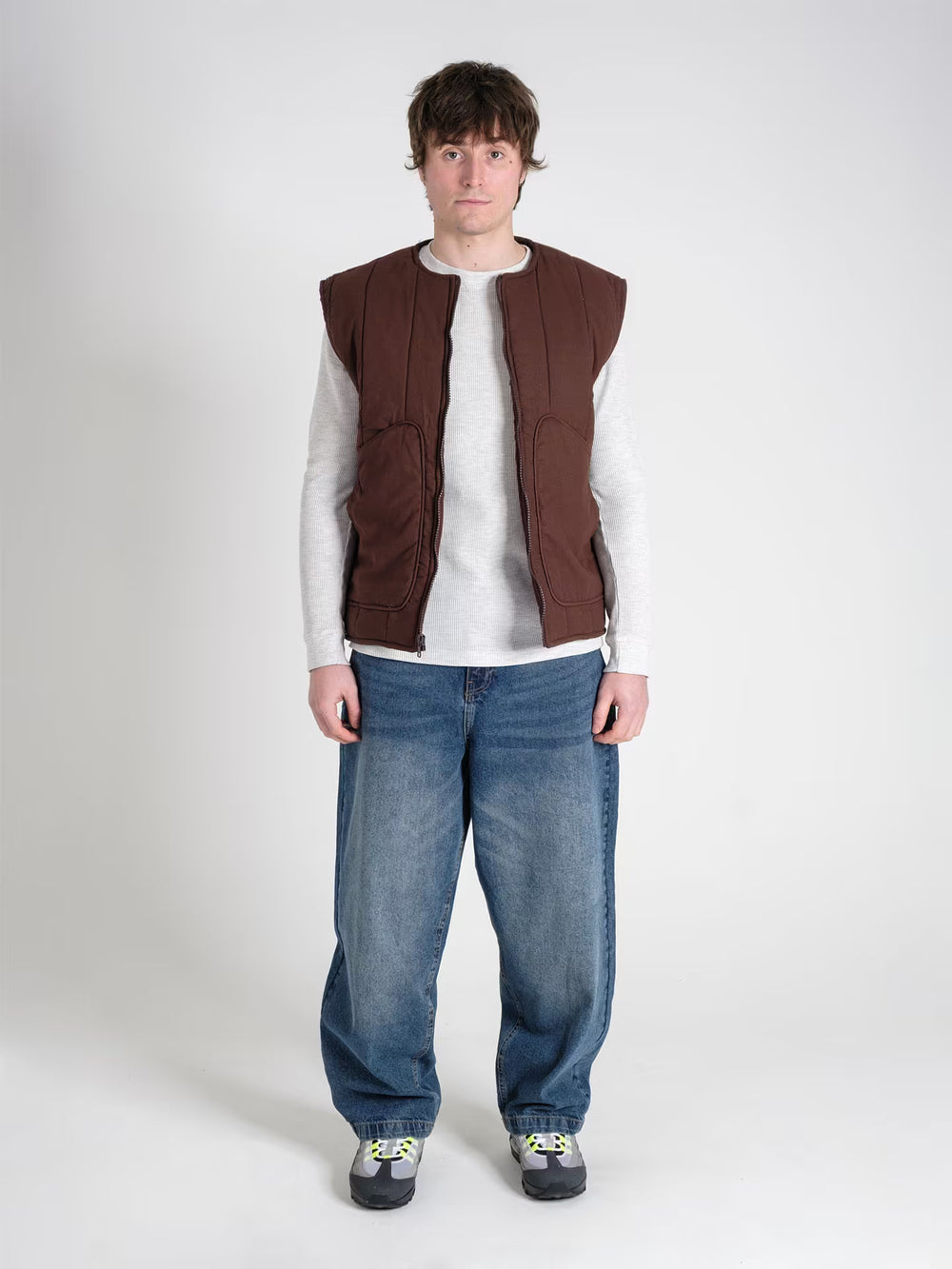 military gilet haze brown on body shot front