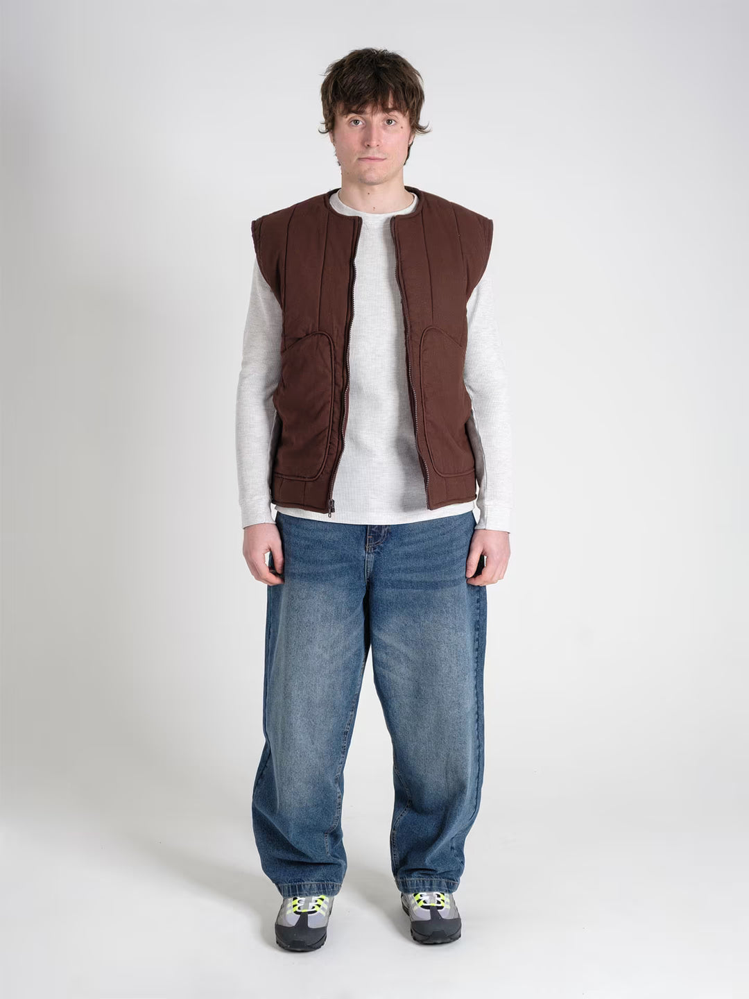 military gilet haze brown on body shot front