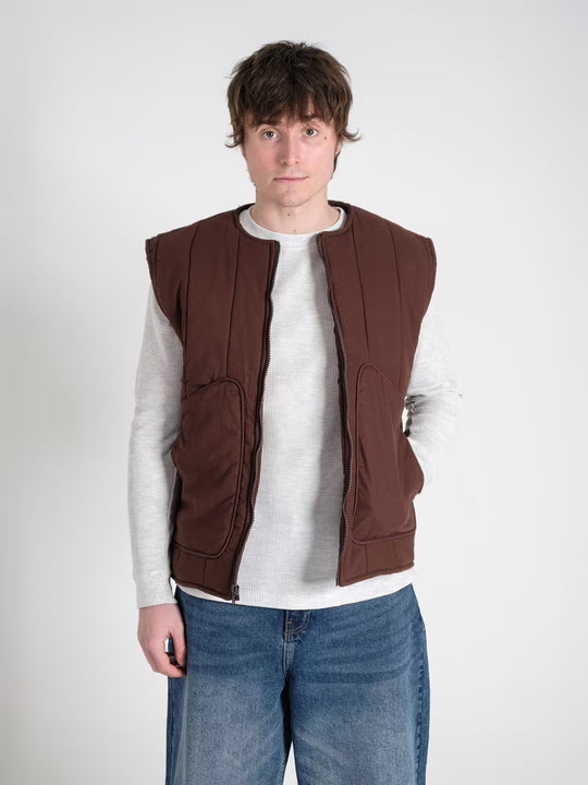 military gilet haze brown on body shot front close