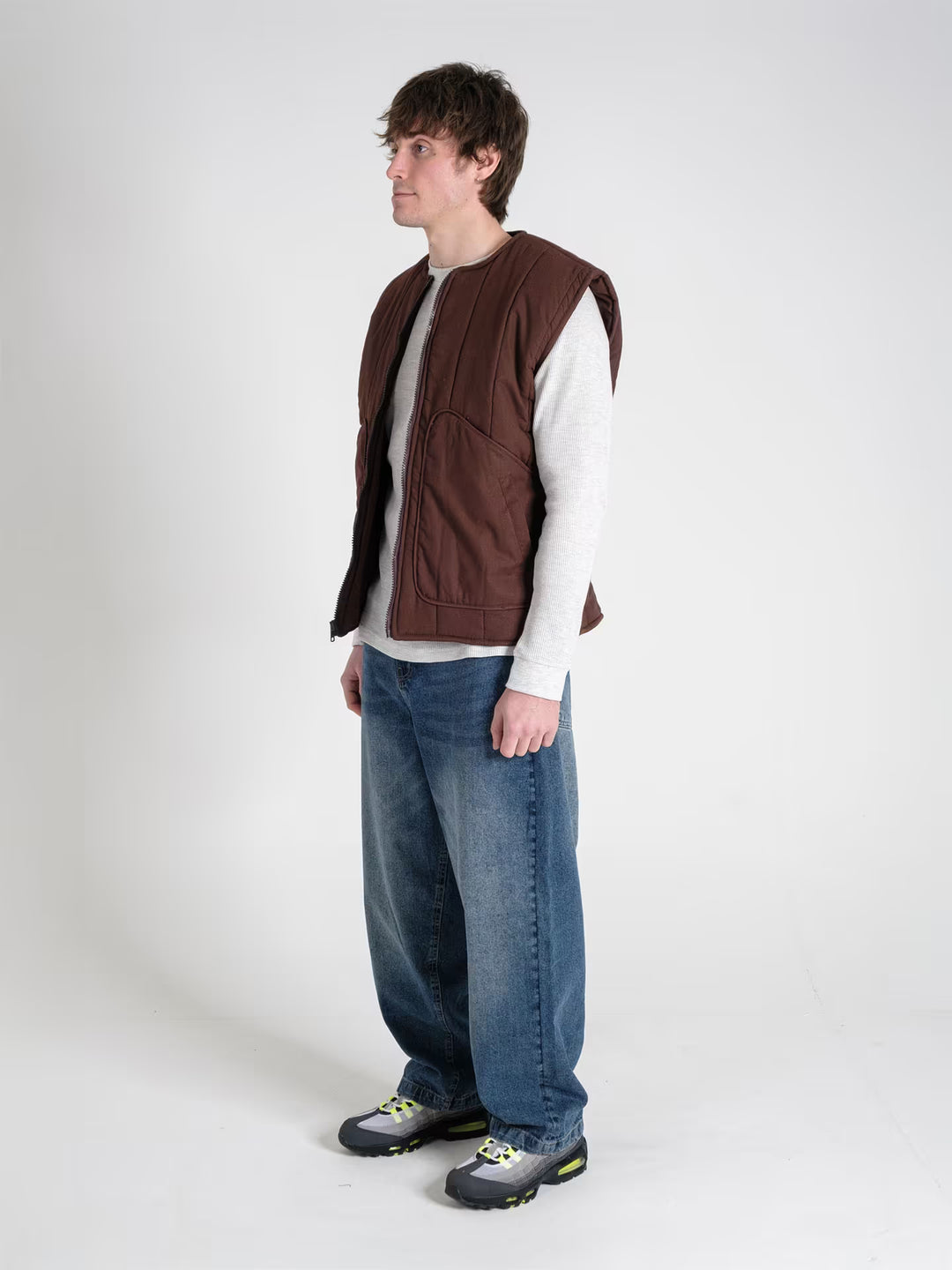 military gilet haze brown on body shot front side
