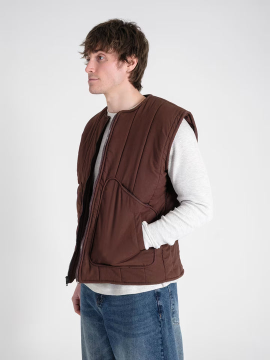 military gilet haze brown on body shot side close