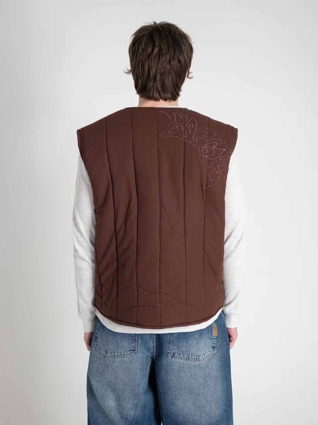 military gilet haze brown on body shot rear close