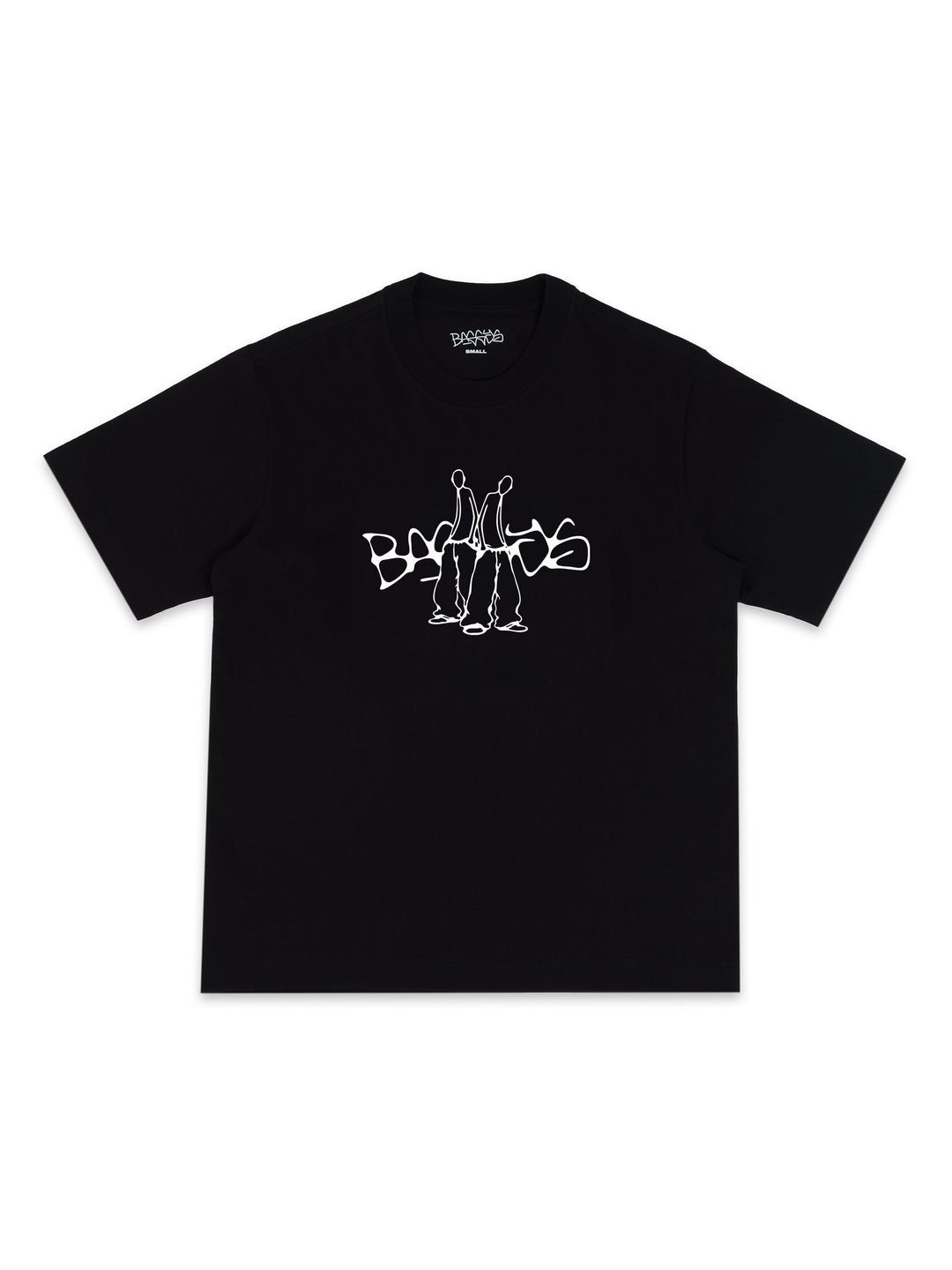 Black t-shirt with white graphic logo flatlay front