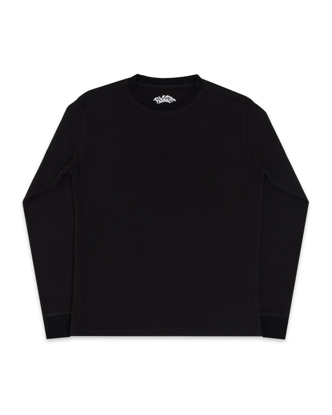 Black long-sleeve shirt with a brand logo on a white background