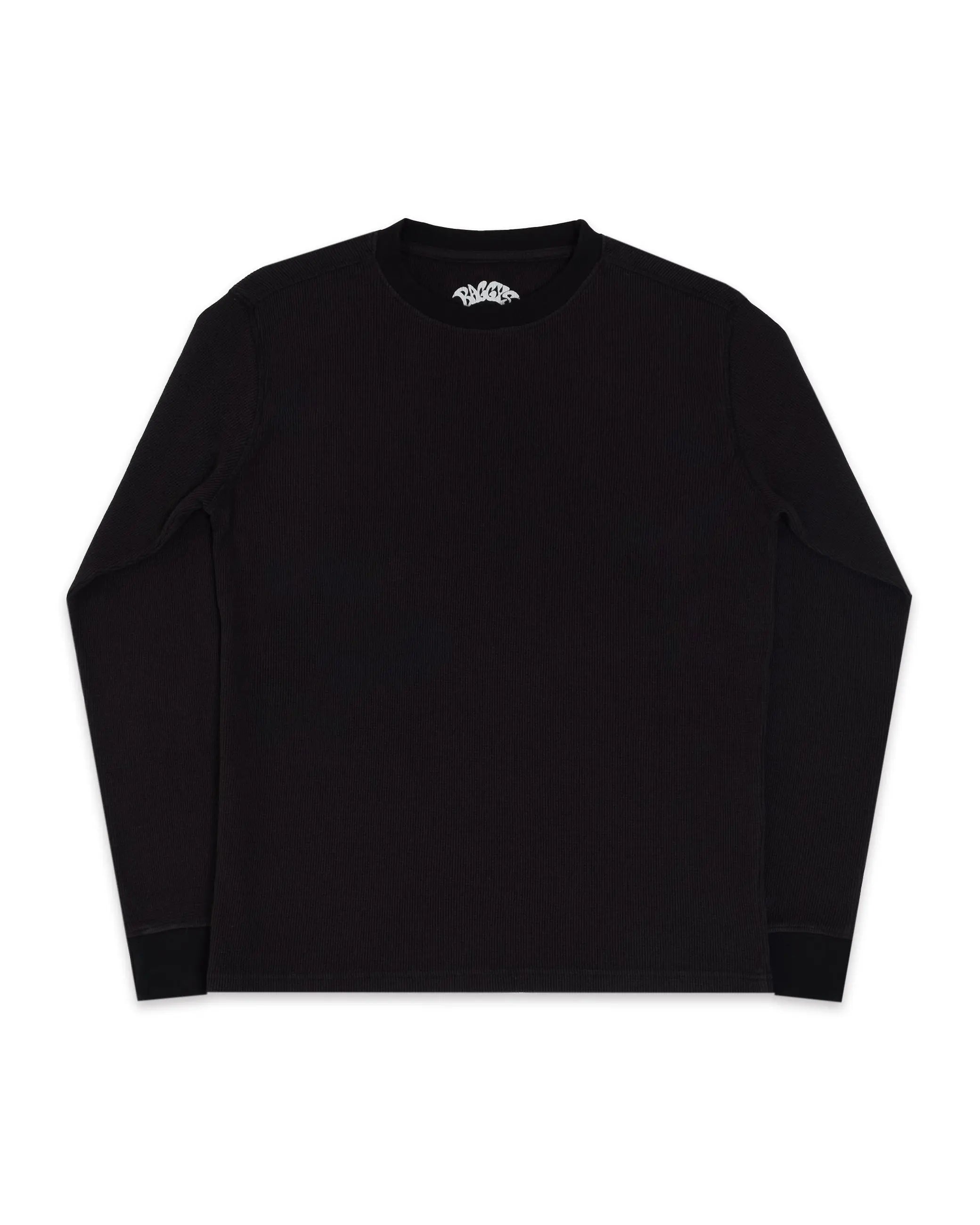 Black long-sleeve shirt with a brand logo on a white background