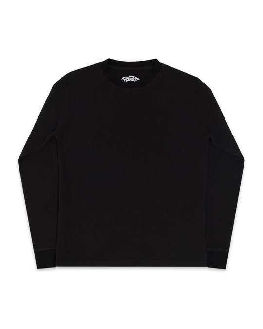 Black long-sleeve shirt with a brand logo on a white background