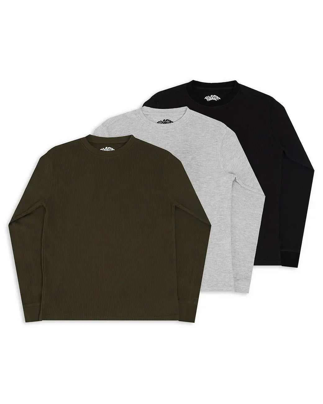 Three long-sleeve waffle t-shirts in green, gray, and black on a white background