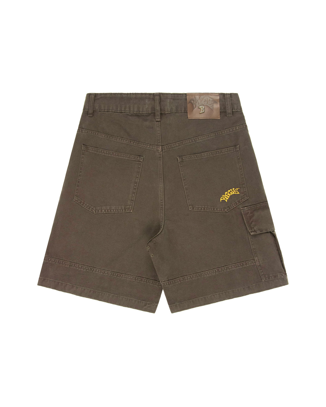 Brown shorts with a logo on the back pocket against a white background