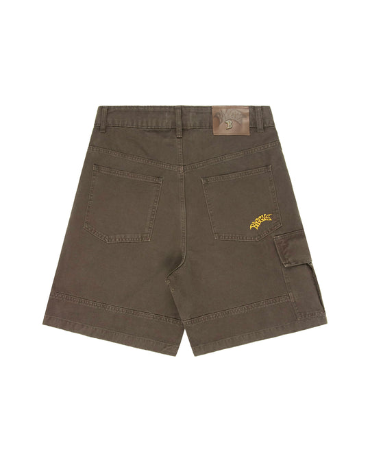 Brown shorts with a logo on the back pocket against a white background