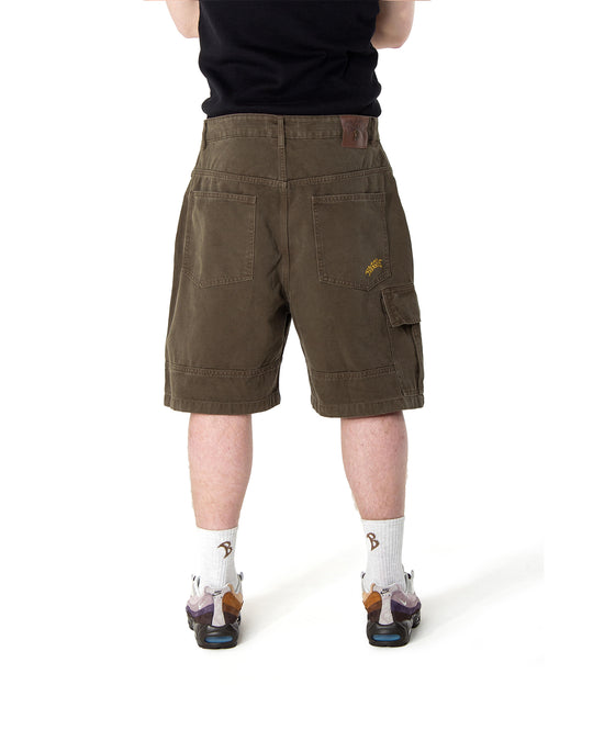 Person wearing brown cargo shorts on a white background