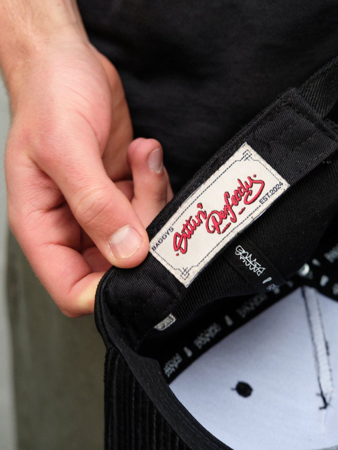 Inside detailing of Baggys 5-panel hat in black up close