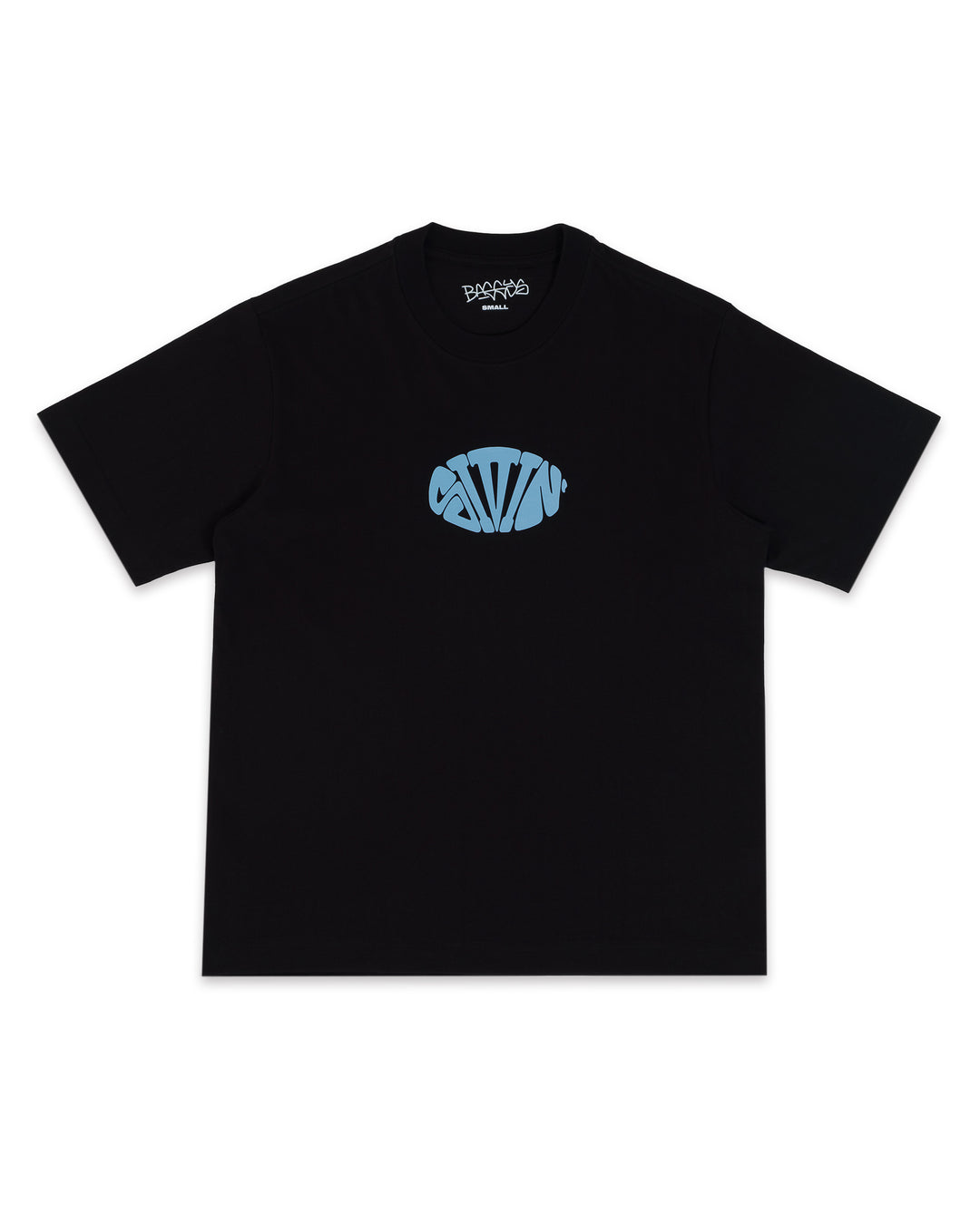 Black t-shirt with a blue logo on a white background