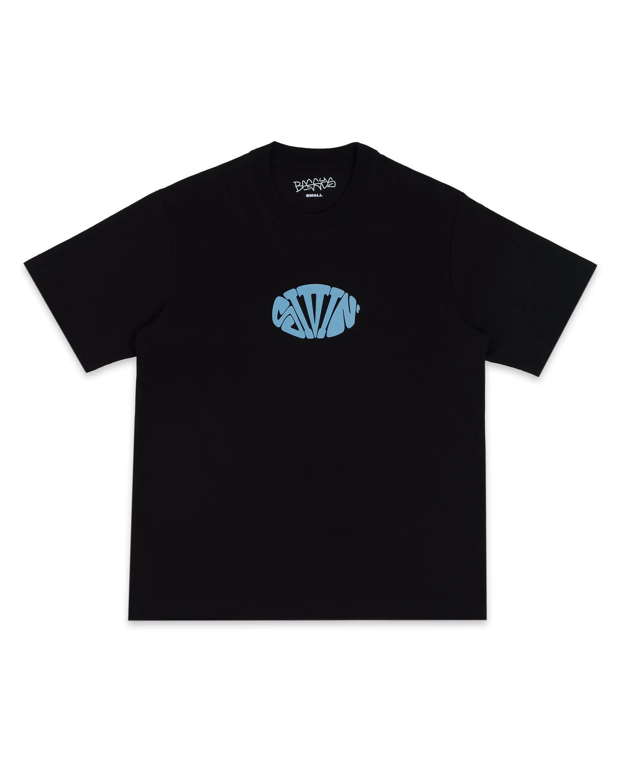 Black t-shirt with a blue logo on a white background