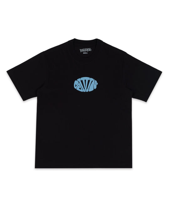 Black t-shirt with a blue logo on a white background