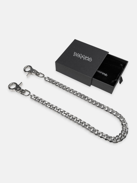 Silver wallet chain with clasp on a white background with the packaging box 