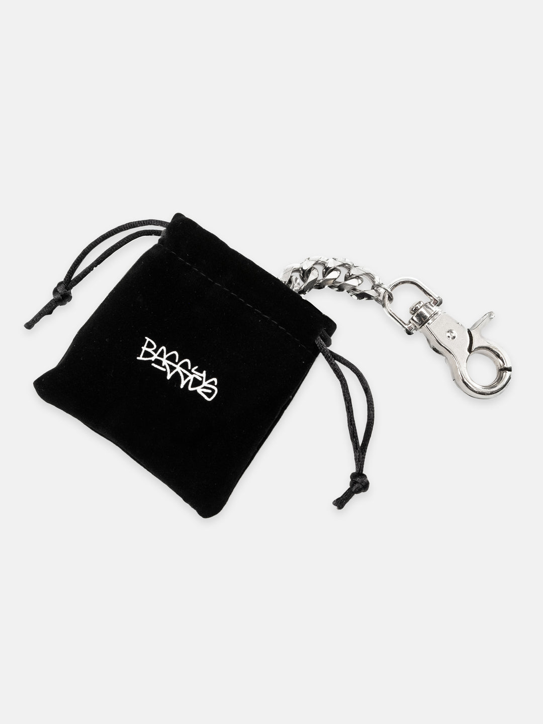 Silver wallet chain with clasp on a white background with the felt pouch 