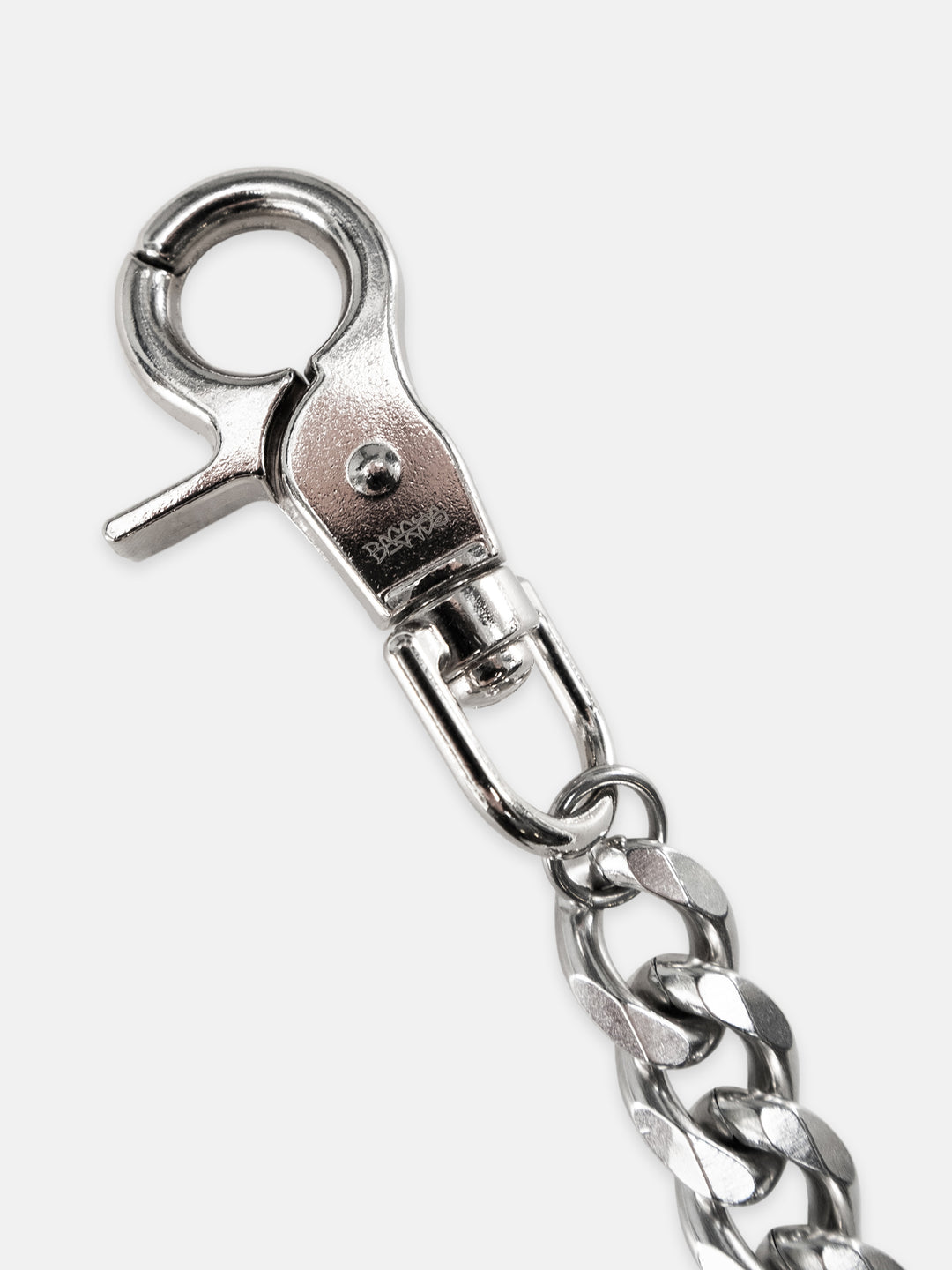 Close-up of a silver wallet chain with clasp on a white background
